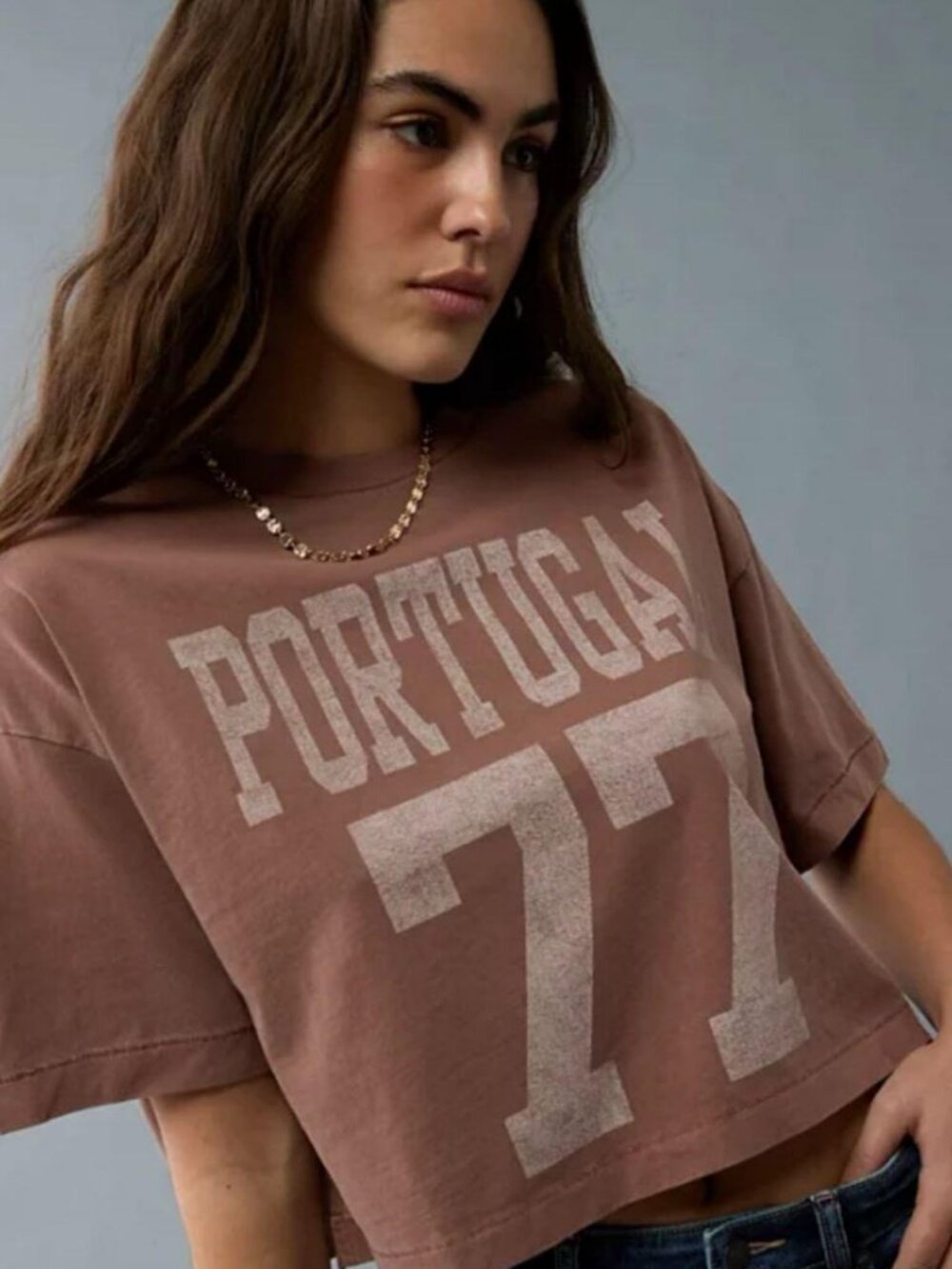 American Eagle Outfitters Y2K “Portugal 77” Boxy Cropped graphic T-Shirt. Brown